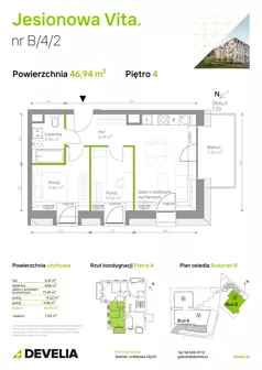 3 pokoje, mieszkanie 46,94 m², piętro 4, oferta nr B.4.2, Jesionowa Vita, Gdańsk, Wrzeszcz, ul. Jesionowa 6b