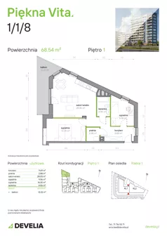 3 pokoje, mieszkanie 68,54 m², piętro 1, oferta nr K1/1/08, Piękna Vita, Wrocław, Tarnogaj, ul. Piękna 29