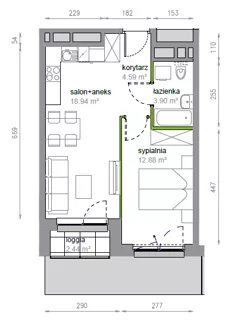 2 pokoje, mieszkanie 40,44 m², piętro 9, oferta nr K2/9/44, Piękna Vita, Wrocław, Tarnogaj, ul. Piękna 29