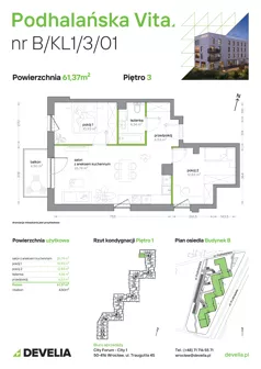 3 pokoje, mieszkanie 61,37 m², piętro 3, oferta nr B/KL1/3/01, Podhalańska Vita II etap, Wrocław, Żerniki, Złotniki, ul. Podhalańska