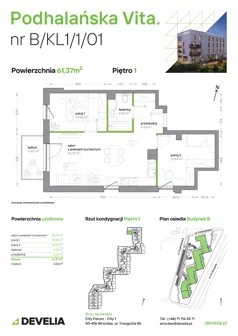 3 pokoje, mieszkanie 61,37 m², piętro 1, oferta nr B/KL1/1/01, Podhalańska Vita II etap, Wrocław, Żerniki, Złotniki, ul. Podhalańska