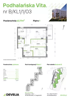 3 pokoje, mieszkanie 63,77 m², piętro 1, oferta nr B/KL1/1/03, Podhalańska Vita II etap, Wrocław, Żerniki, Złotniki, ul. Podhalańska