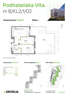 3 pokoje, mieszkanie 47,68 m², piętro 1, oferta nr B/KL2/1/02, Podhalańska Vita II etap, Wrocław, Żerniki, Złotniki, ul. Podhalańska