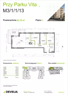 4 pokoje, mieszkanie 92,79 m², piętro 1, oferta nr M3/1/1/13, Przy Parku Vita III etap, Wrocław, Tarnogaj, Krzyki, ul. Międzyleska