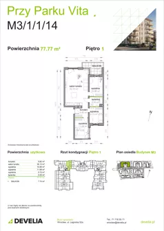 4 pokoje, mieszkanie 77,77 m², piętro 1, oferta nr M3/1/1/14, Przy Parku Vita III etap, Wrocław, Tarnogaj, Krzyki, ul. Międzyleska
