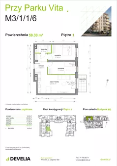 3 pokoje, mieszkanie 59,30 m², piętro 1, oferta nr M3/1/1/6, Przy Parku Vita III etap, Wrocław, Tarnogaj, Krzyki, ul. Międzyleska