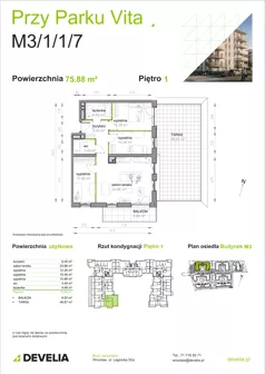 4 pokoje, mieszkanie 75,88 m², piętro 1, oferta nr M3/1/1/7, Przy Parku Vita III etap, Wrocław, Tarnogaj, Krzyki, ul. Międzyleska