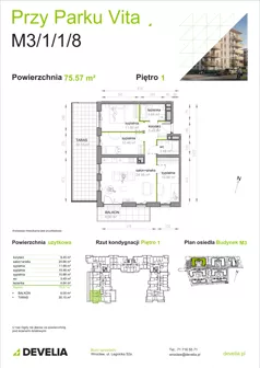 4 pokoje, mieszkanie 75,57 m², piętro 1, oferta nr M3/1/1/8, Przy Parku Vita III etap, Wrocław, Tarnogaj, Krzyki, ul. Międzyleska