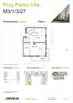 4 pokoje, mieszkanie 75,88 m², piętro 3, oferta nr M3/1/3/27, Przy Parku Vita III etap, Wrocław, Tarnogaj, Krzyki, ul. Międzyleska