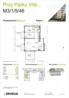 3 pokoje, mieszkanie 88,32 m², piętro 5, oferta nr M3/1/5/46, Przy Parku Vita III etap, Wrocław, Tarnogaj, Krzyki, ul. Międzyleska