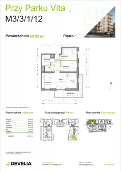 3 pokoje, mieszkanie 60,52 m², piętro 1, oferta nr M3/3/1/12, Przy Parku Vita III etap, Wrocław, Tarnogaj, Krzyki, ul. Międzyleska