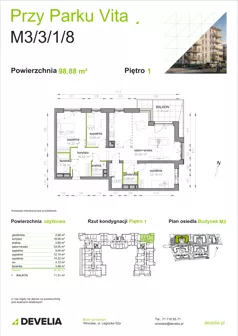 4 pokoje, mieszkanie 98,88 m², piętro 1, oferta nr M3/3/1/8, Przy Parku Vita III etap, Wrocław, Tarnogaj, Krzyki, ul. Międzyleska