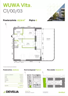 3 pokoje, mieszkanie 63,16 m², parter, oferta nr C1/00/03, WUWA Vita III, Wrocław, Żerniki, Fabryczna, ul. Maya