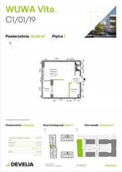 1 pokój, mieszkanie 30,30 m², piętro 1, oferta nr C1/01/19, WUWA Vita III, Wrocław, Żerniki, Fabryczna, ul. Maya