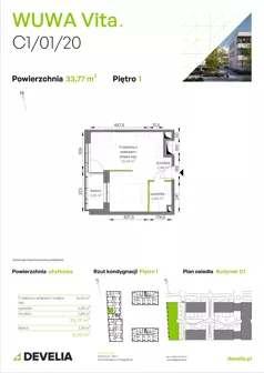 1 pokój, mieszkanie 33,77 m², piętro 1, oferta nr C1/01/20, WUWA Vita III, Wrocław, Żerniki, Fabryczna, ul. Maya