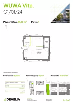 1 pokój, mieszkanie 37,53 m², piętro 1, oferta nr C1/01/24, WUWA Vita III, Wrocław, Żerniki, Fabryczna, ul. Maya