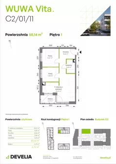3 pokoje, mieszkanie 50,14 m², piętro 1, oferta nr C2/01/11, WUWA Vita III, Wrocław, Żerniki, Fabryczna, ul. Maya