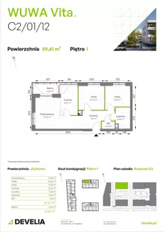 3 pokoje, mieszkanie 59,41 m², piętro 1, oferta nr C2/01/12, WUWA Vita III, Wrocław, Żerniki, Fabryczna, ul. Maya
