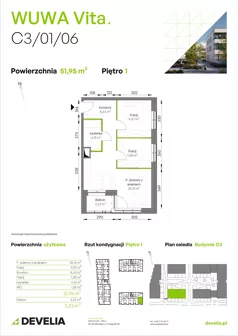 3 pokoje, mieszkanie 51,95 m², piętro 1, oferta nr C3/01/06, WUWA Vita III, Wrocław, Żerniki, Fabryczna, ul. Maya