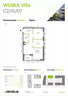 3 pokoje, mieszkanie 50,40 m², piętro 1, oferta nr C2/01/07, WUWA Vita III, Wrocław, Żerniki, Fabryczna, ul. Maya