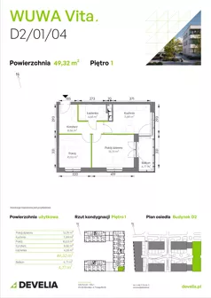 2 pokoje, mieszkanie 49,32 m², piętro 1, oferta nr D2/01/04, WUWA Vita III, Wrocław, Żerniki, Fabryczna, ul. Maya