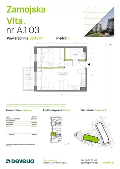 2 pokoje, mieszkanie 38,49 m², piętro 1, oferta nr A.1.03, Zamojska Vita, Gdańsk, Ujeścisko-Łostowice, Ujeścisko, ul. Zamojska 11