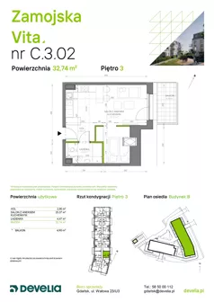 1 pokój, mieszkanie 32,74 m², piętro 3, oferta nr C.3.02, Zamojska Vita, Gdańsk, Ujeścisko-Łostowice, Ujeścisko, ul. Zamojska 11