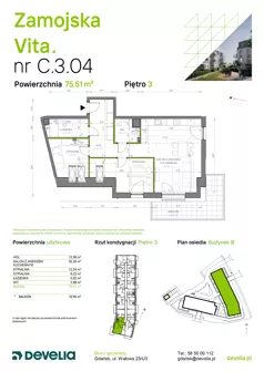 3 pokoje, mieszkanie 75,51 m², piętro 3, oferta nr C.3.04, Zamojska Vita, Gdańsk, Ujeścisko-Łostowice, Ujeścisko, ul. Zamojska 11