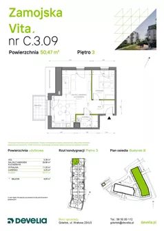 2 pokoje, mieszkanie 50,47 m², piętro 3, oferta nr C.3.09, Zamojska Vita, Gdańsk, Ujeścisko-Łostowice, Ujeścisko, ul. Zamojska 11