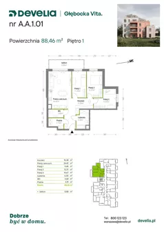 4 pokoje, mieszkanie 88,46 m², piętro 1, oferta nr A.A.1.01, Głębocka Vita, Warszawa, Białołęka, Białołęka, Głębocka 84A