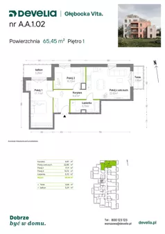 3 pokoje, mieszkanie 65,45 m², piętro 1, oferta nr A.A.1.02, Głębocka Vita, Warszawa, Białołęka, Białołęka, Głębocka 84A