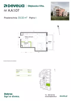 1 pokój, mieszkanie 33,32 m², piętro 1, oferta nr A.A.1.07, Głębocka Vita, Warszawa, Białołęka, Białołęka, Głębocka 84A