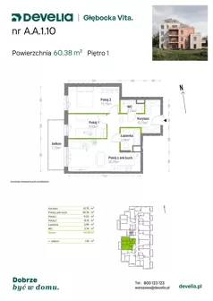 3 pokoje, mieszkanie 60,38 m², piętro 1, oferta nr A.A.1.10, Głębocka Vita, Warszawa, Białołęka, Białołęka, Głębocka 84A