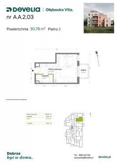 1 pokój, mieszkanie 30,78 m², piętro 2, oferta nr A.A.2.03, Głębocka Vita, Warszawa, Białołęka, Białołęka, Głębocka 84A