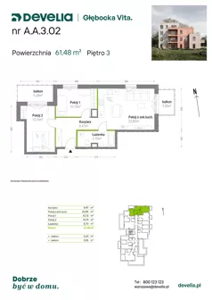 3 pokoje, mieszkanie 61,48 m², piętro 3, oferta nr A.A.3.02, Głębocka Vita, Warszawa, Białołęka, Białołęka, Głębocka 84A