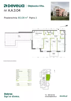 4 pokoje, mieszkanie 80,08 m², piętro 3, oferta nr A.A.3.04, Głębocka Vita, Warszawa, Białołęka, Białołęka, Głębocka 84A