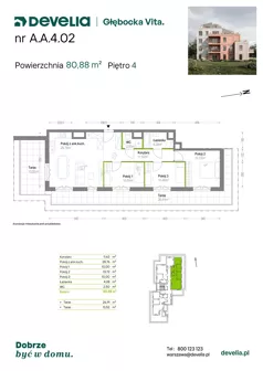 4 pokoje, mieszkanie 80,88 m², piętro 4, oferta nr A.A.4.02, Głębocka Vita, Warszawa, Białołęka, Białołęka, Głębocka 84A