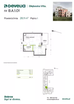 2 pokoje, mieszkanie 28,11 m², piętro 1, oferta nr B.A.1.01, Głębocka Vita, Warszawa, Białołęka, Białołęka, Głębocka 84A