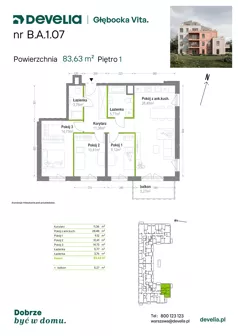 4 pokoje, mieszkanie 83,63 m², piętro 1, oferta nr B.A.1.07, Głębocka Vita, Warszawa, Białołęka, Białołęka, Głębocka 84A