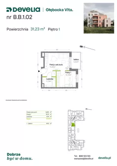 2 pokoje, mieszkanie 31,23 m², piętro 1, oferta nr B.B.1.02, Głębocka Vita, Warszawa, Białołęka, Białołęka, Głębocka 84A