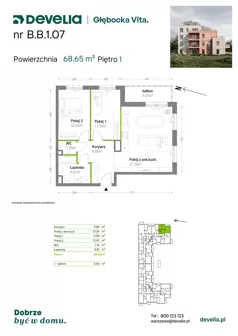 3 pokoje, mieszkanie 68,65 m², piętro 1, oferta nr B.B.1.07, Głębocka Vita, Warszawa, Białołęka, Białołęka, Głębocka 84A