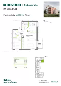 3 pokoje, mieszkanie 63,32 m², piętro 1, oferta nr B.B.1.08, Głębocka Vita, Warszawa, Białołęka, Białołęka, Głębocka 84A