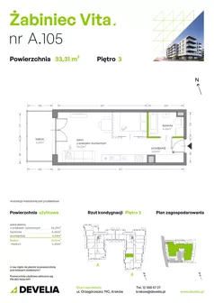 1 pokój, mieszkanie 33,31 m², piętro 3, oferta nr A.105, Żabiniec Vita, Kraków, Krowodrza, ul. Żabiniec 56