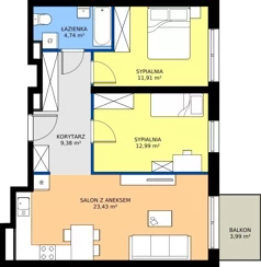 3 pokoje, mieszkanie 62,45 m², piętro 1, oferta nr B.B2.1.M9, Osiedle EMaya, Wrocław, Żerniki, Fabryczna, ul. Ernsta Maya
