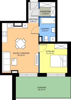 2 pokoje, mieszkanie 46,47 m², parter, oferta nr 61, Apartamenty Teligi, Marki, ul. Leonida Teligi