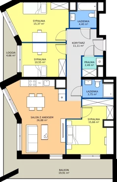 4 pokoje, mieszkanie 90,21 m², piętro 6, oferta nr B/156, Osiedle przy Wielickiej etap 1.2, Kraków, Bieżanów-Prokocim, ul. M. Orwid