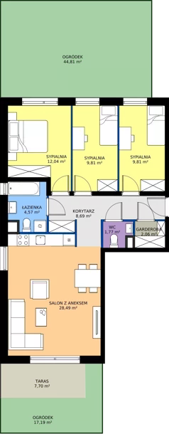4 pokoje, mieszkanie 77,24 m², piętro 1, oferta nr W/6, Wille Biskupin 2.1, Wrocław, Biskupin-Sępolno-Dąbie-Bartoszowice, Śródmieście, ul. K. Olszewskiego