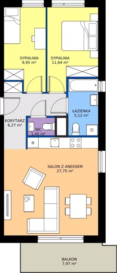 3 pokoje, mieszkanie 62,18 m², piętro 1, oferta nr W/4, Wille Biskupin 2.1, Wrocław, Biskupin-Sępolno-Dąbie-Bartoszowice, Śródmieście, ul. K. Olszewskiego