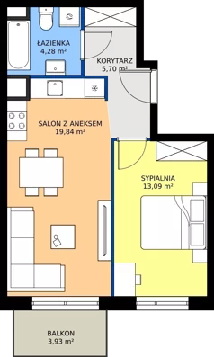 2 pokoje, mieszkanie 42,91 m², piętro 1, oferta nr A/75, Międzyleska 4, Wrocław, Tarnogaj, Krzyki, ul. Międzyleska