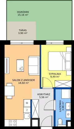 2 pokoje, mieszkanie 37,63 m², parter, oferta nr A/22, Osiedle Wilno 9.2, Warszawa, Targówek, Elsnerów, ul. Rudnicka